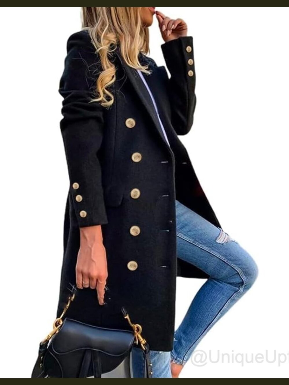 Wool Blend Double Breasted Midi Peacoat Trench Coat Notch Lapel Knee Length